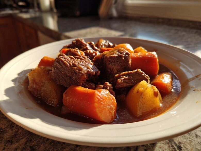 A close-up of tender chunks of beef, carrots, and potatoes in rich gravy, representing amazing crockpot beef stew.