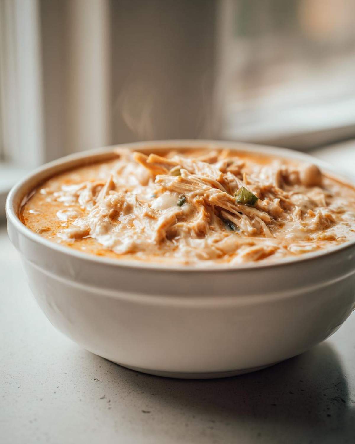 Close-up of a steaming white bowl filled with creamy crockpot white chicken chili, showing shredded chicken.