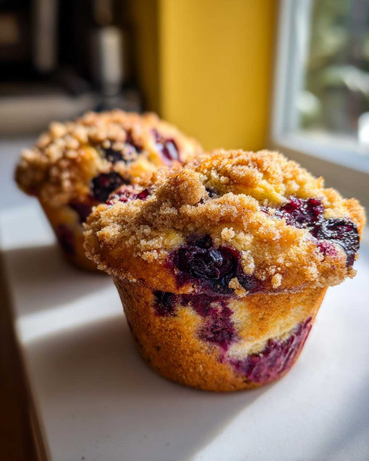 Two freshly baked blueberry muffins with a golden crumb topping sitting near a sunny window.