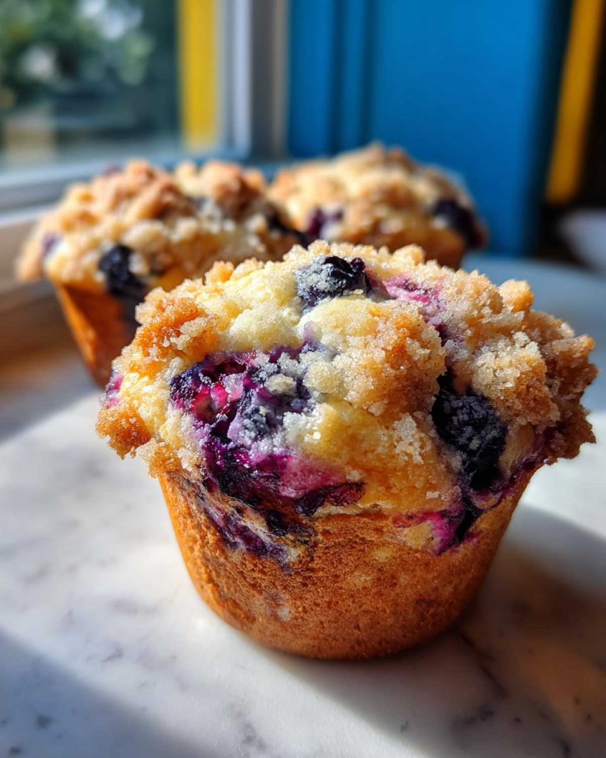 A close-up of a golden brown blueberry muffin topped with a sugary crumb topping, featuring burst blueberries.