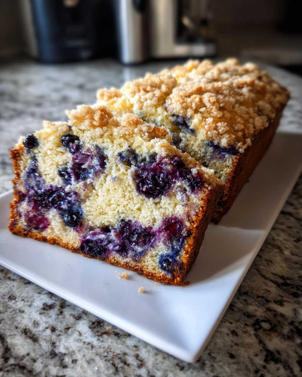 Close-up of two slices of moist blueberry banana bread with a golden crumb topping.