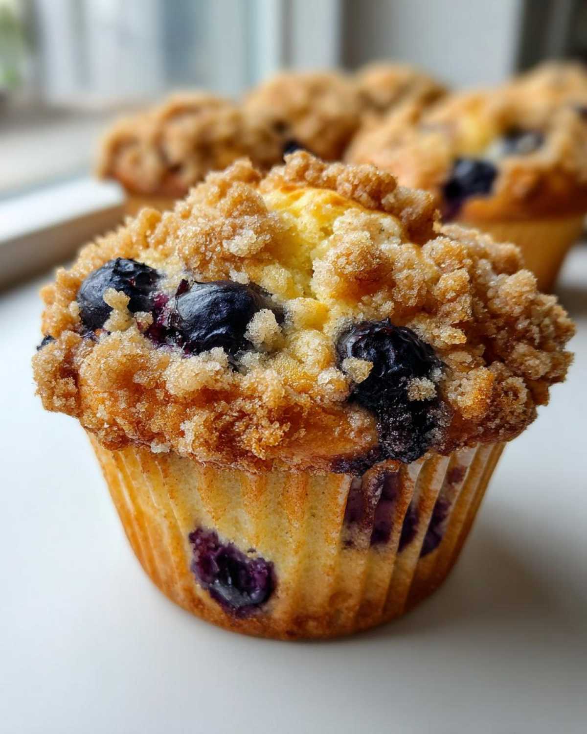 A close-up of a golden, crumb-topped blueberry muffin featuring visible blueberries and a fluted paper liner.