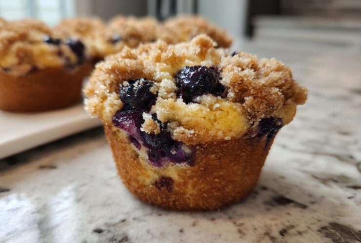 A close-up of a golden brown blueberry muffin featuring a generous, sugary crumb topping and visible baked blueberries.