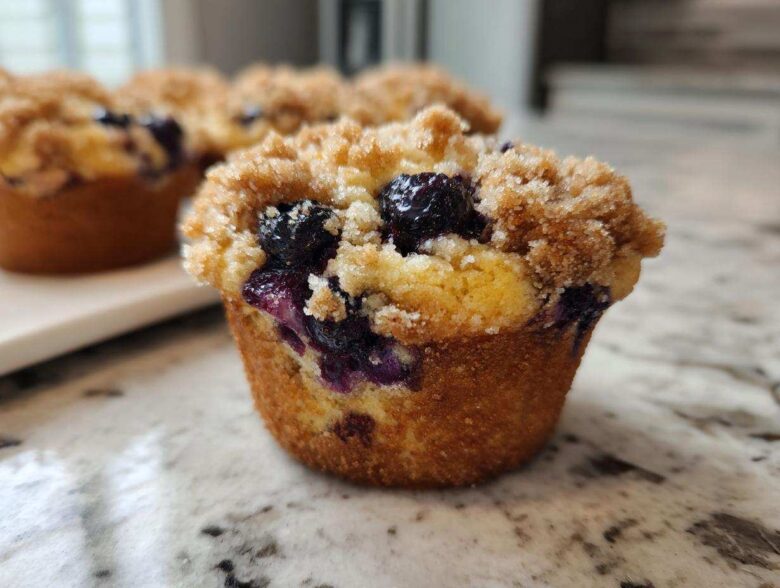 A close-up of a golden brown blueberry muffin featuring a generous, sugary crumb topping and visible baked blueberries.