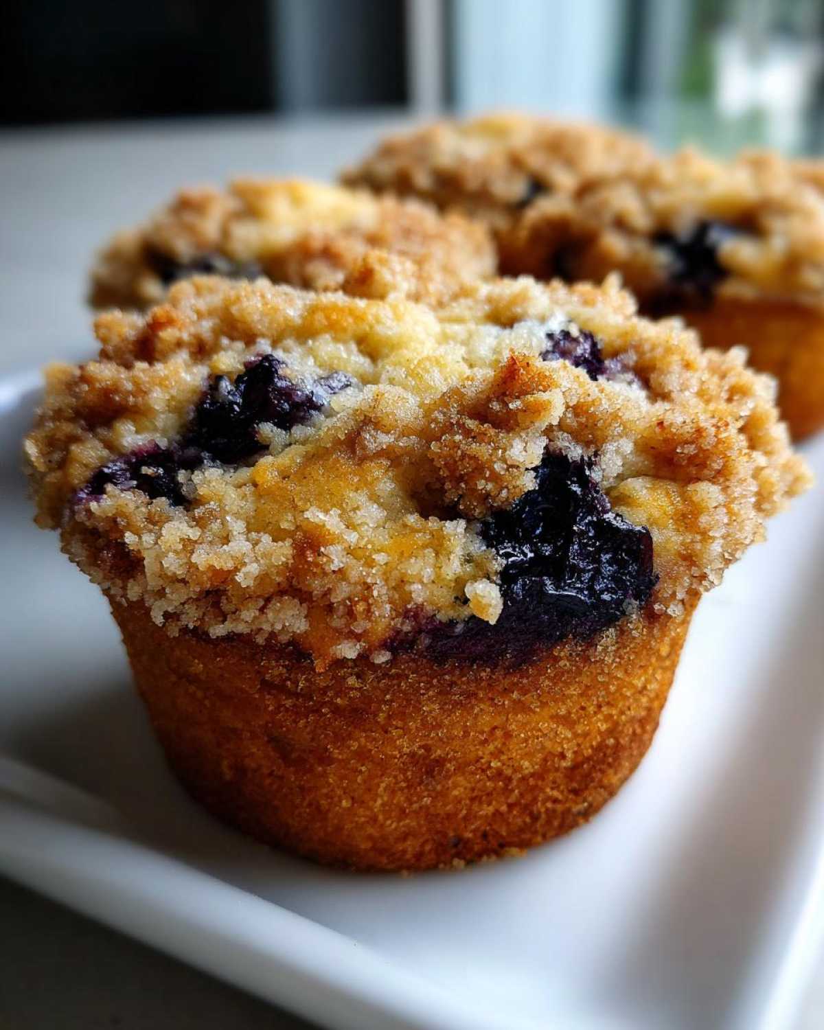 A close-up of a golden-brown blueberry muffin topped with a thick, sugary crumb topping.