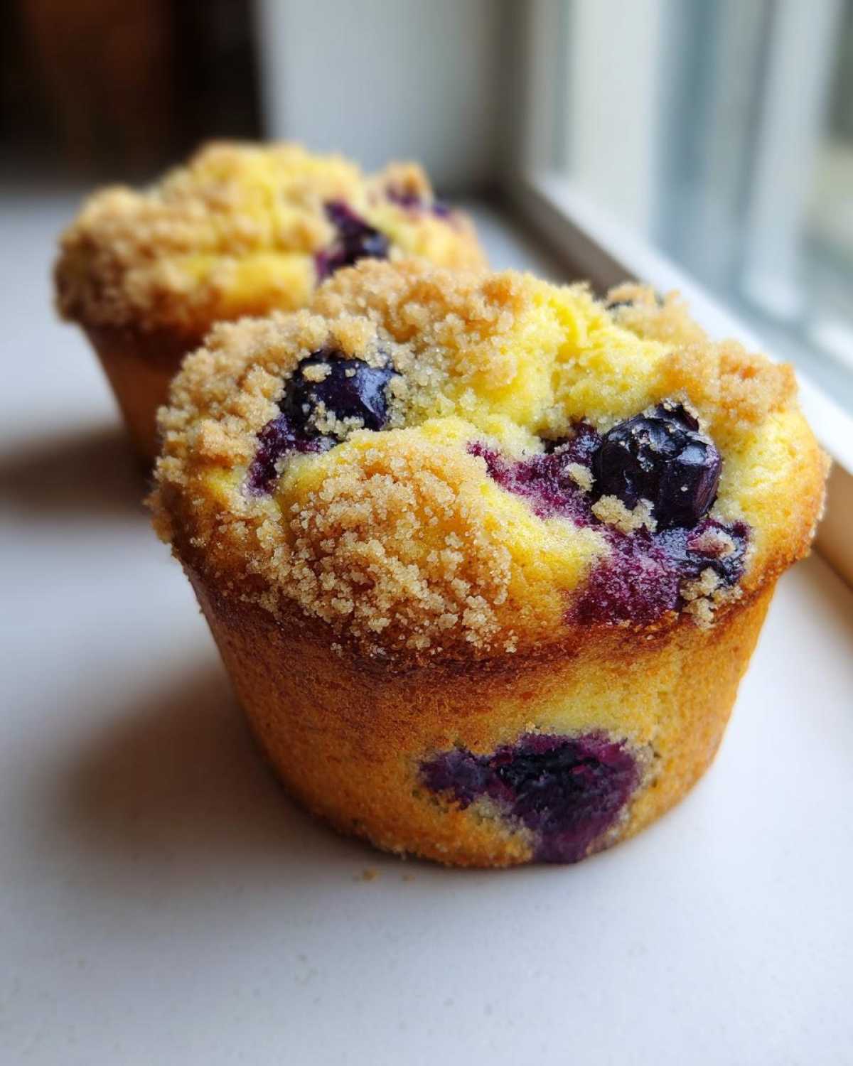 Two golden-brown blueberry muffins with a sugary crumb topping sitting near a window.