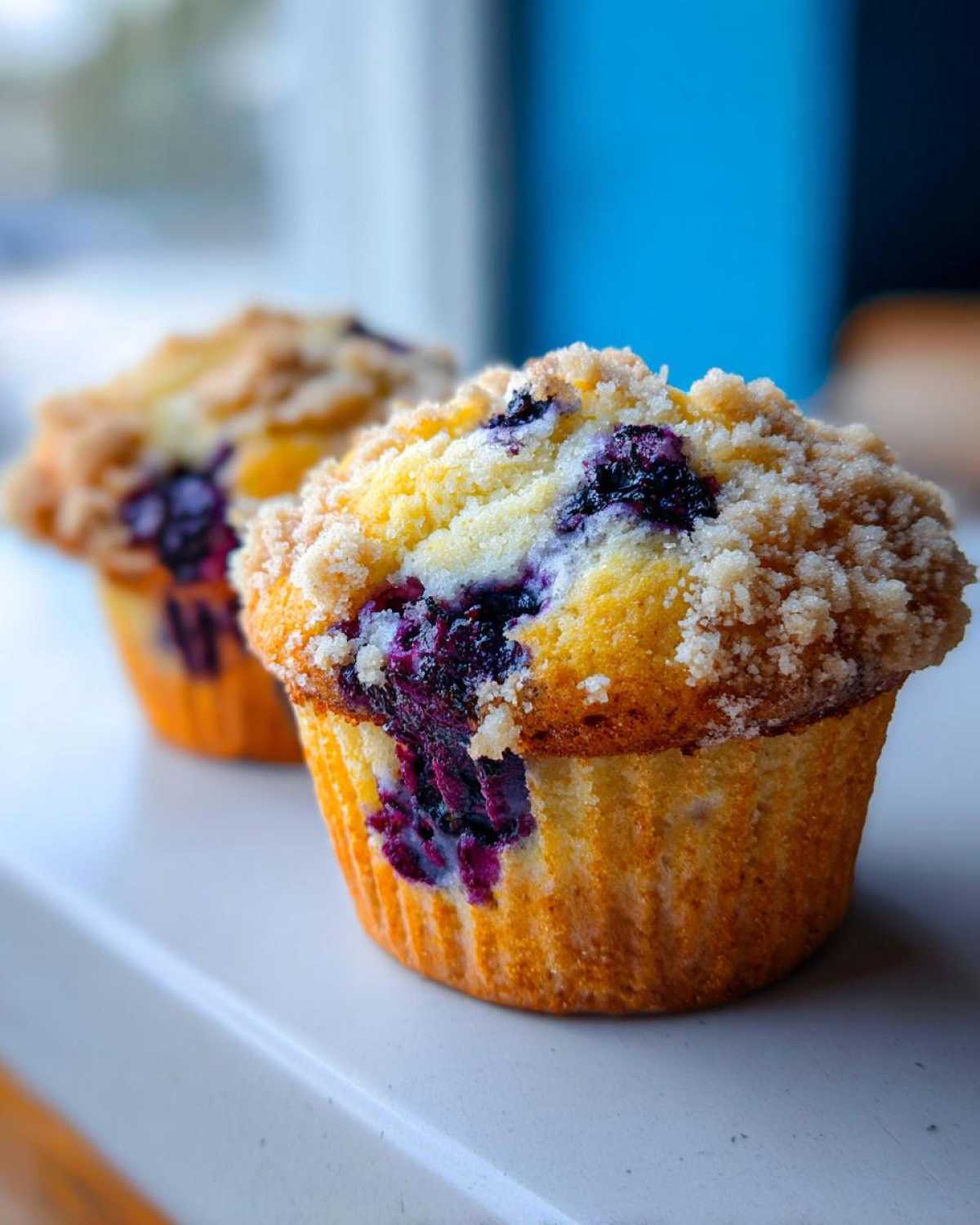 A close-up of a golden baked blueberry muffin with a generous crumb topping, featuring bursting blueberries.