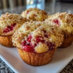 Four delicious strawberry muffins with a generous streusel topping displayed on a white rectangular plate.