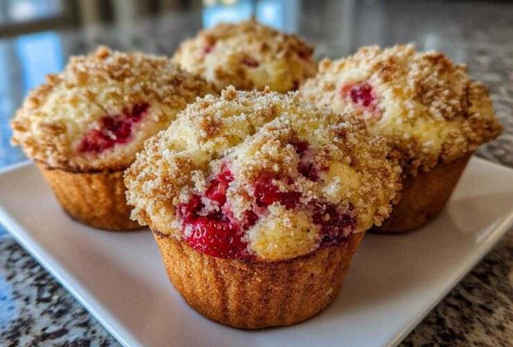 Four delicious strawberry muffins with a generous streusel topping displayed on a white rectangular plate.