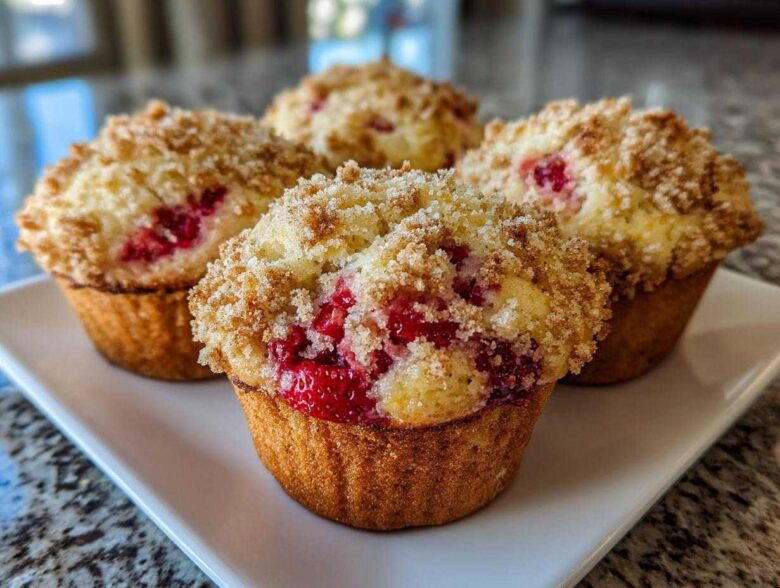 Four delicious strawberry muffins with a generous streusel topping displayed on a white rectangular plate.