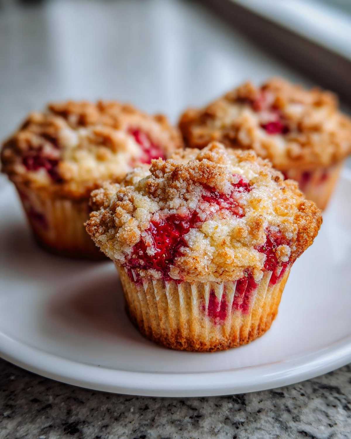 Three delicious strawberry muffins with a golden crumb topping sitting on a white plate.