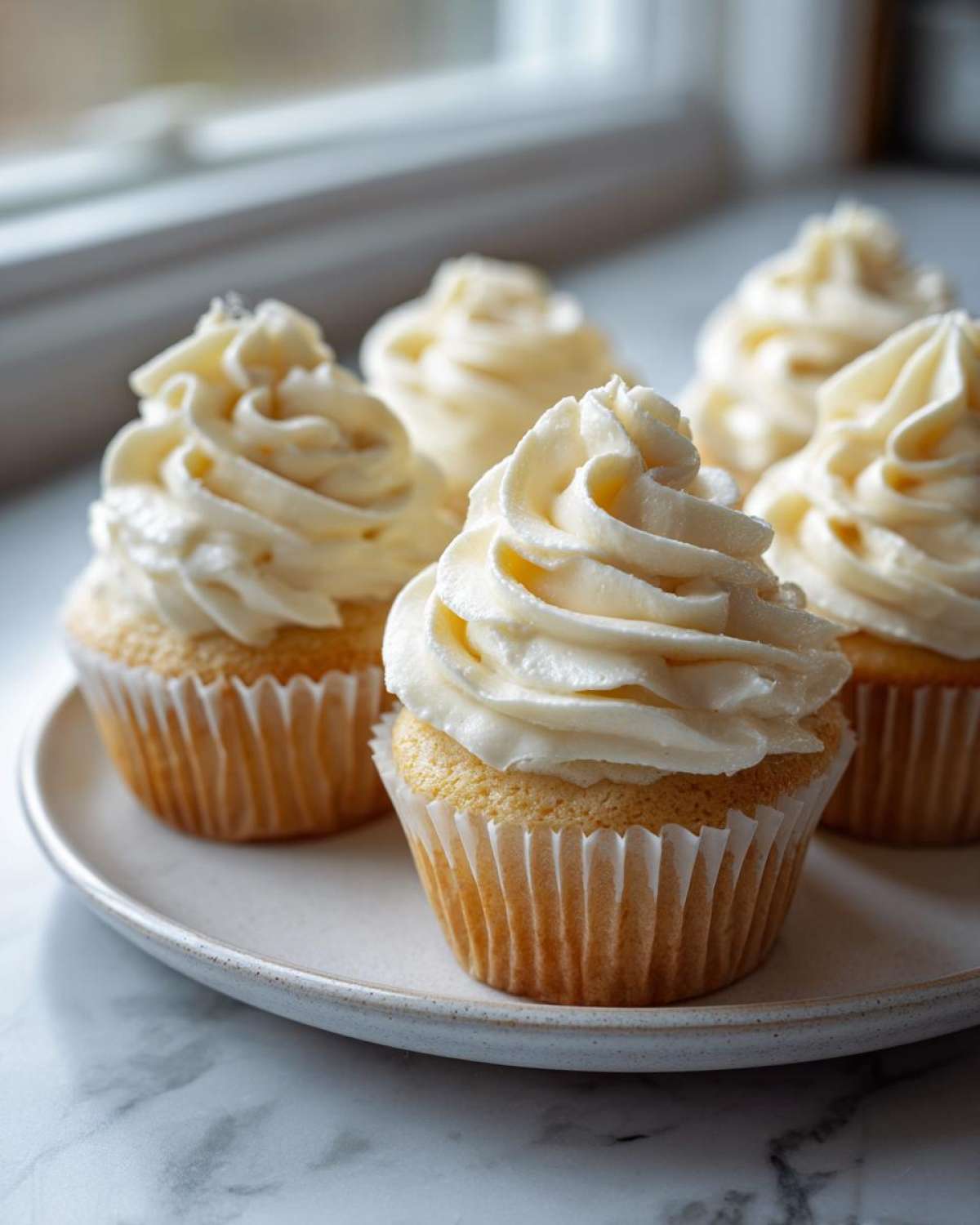 Four vanilla cupcakes topped high with swirls of light vanilla buttercream frosting on a white plate.