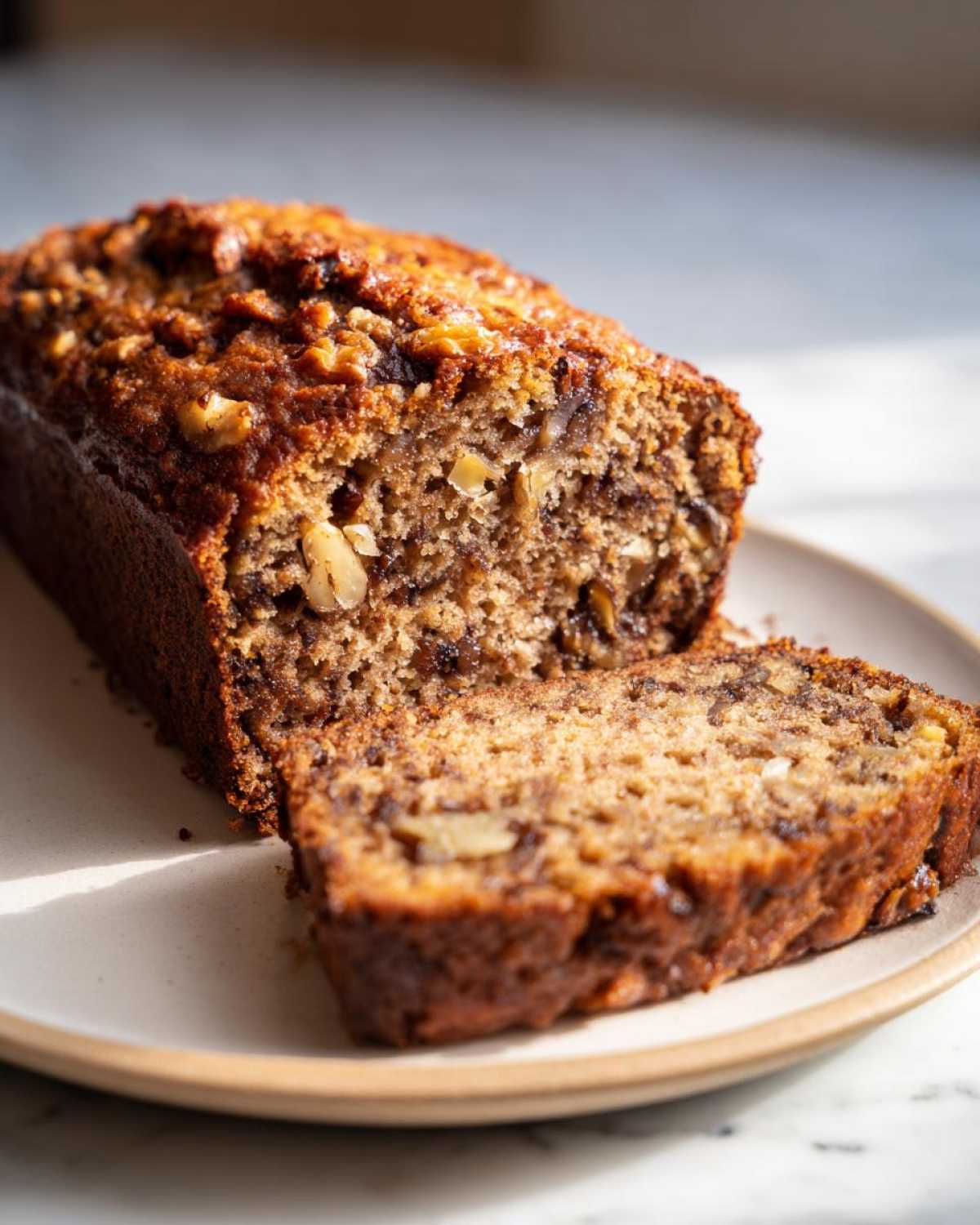 A close-up of a sliced loaf of moist date nut bread, showing visible walnuts and a rich brown crust.