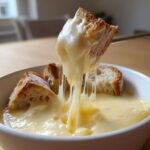 Close-up of a piece of toasted bread being dipped into a bowl of gooey, melted cheese fondue recipe, showing long cheese pulls.
