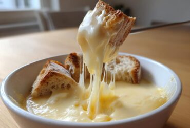 Close-up of a piece of toasted bread being dipped into a bowl of gooey, melted cheese fondue recipe, showing long cheese pulls.