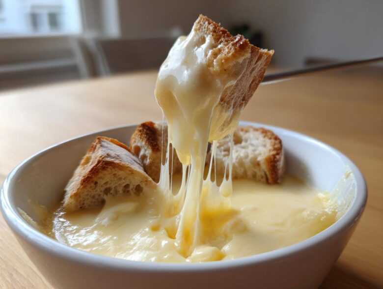 Close-up of a piece of toasted bread being dipped into a bowl of gooey, melted cheese fondue recipe, showing long cheese pulls.