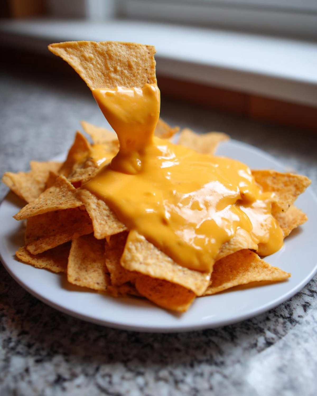 A tortilla chip is dipped into a pile of nachos generously covered with bright orange nacho cheese sauce.