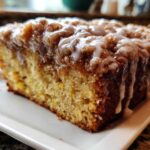 Close-up of a moist slice of coffee cake topped with cinnamon streusel and drizzled with vanilla glaze.