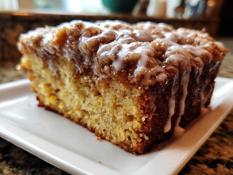 Close-up of a moist slice of coffee cake topped with cinnamon streusel and drizzled with vanilla glaze.