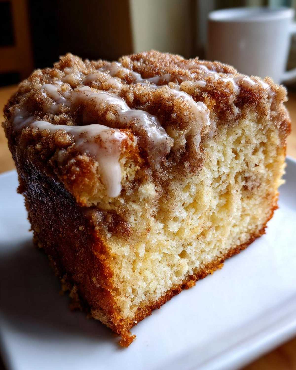 Close-up of a moist slice of coffee cake topped with cinnamon streusel and vanilla glaze.