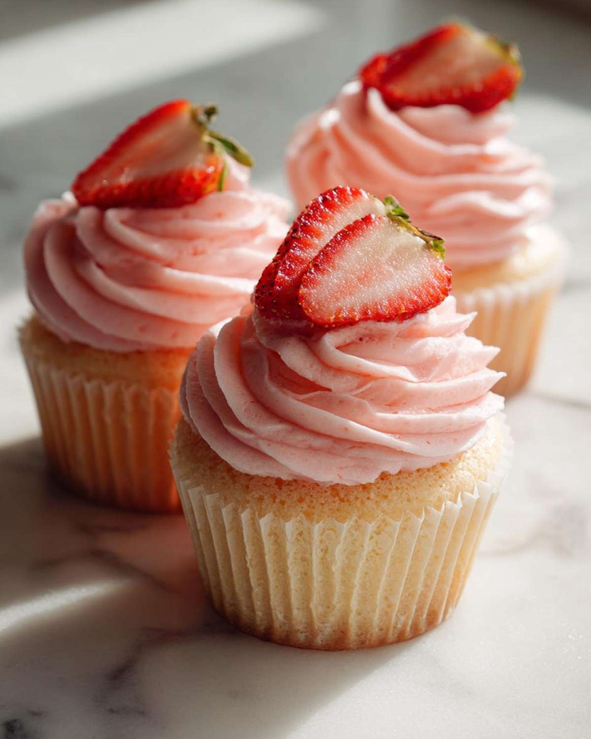 Three delicious strawberry cupcakes with light pink frosting swirls, each topped with a fresh strawberry slice.