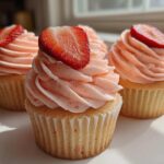 Three beautifully frosted strawberry cupcakes topped with fresh strawberry slices, ready to eat.