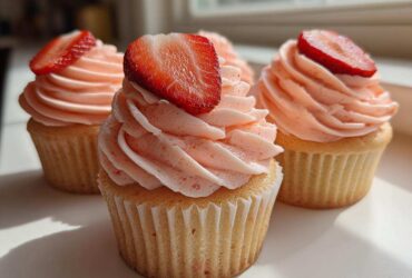 Three beautifully frosted strawberry cupcakes topped with fresh strawberry slices, ready to eat.