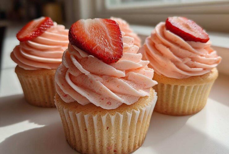 Three beautifully frosted strawberry cupcakes topped with fresh strawberry slices, ready to eat.