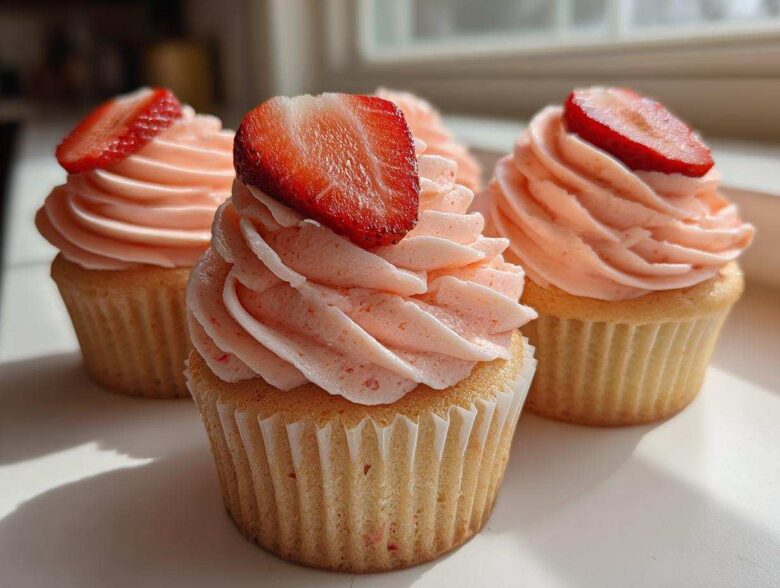 Three beautifully frosted strawberry cupcakes topped with fresh strawberry slices, ready to eat.
