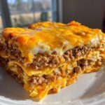 A close-up of a layered slice of Dorito Casserole topped with melted orange and white cheese.