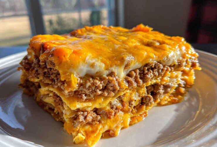 A close-up of a layered slice of Dorito Casserole topped with melted orange and white cheese.