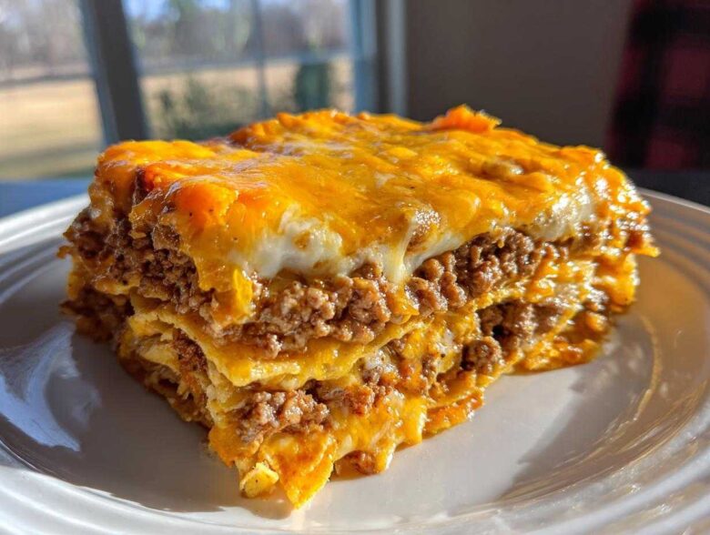 A close-up of a layered slice of Dorito Casserole topped with melted orange and white cheese.