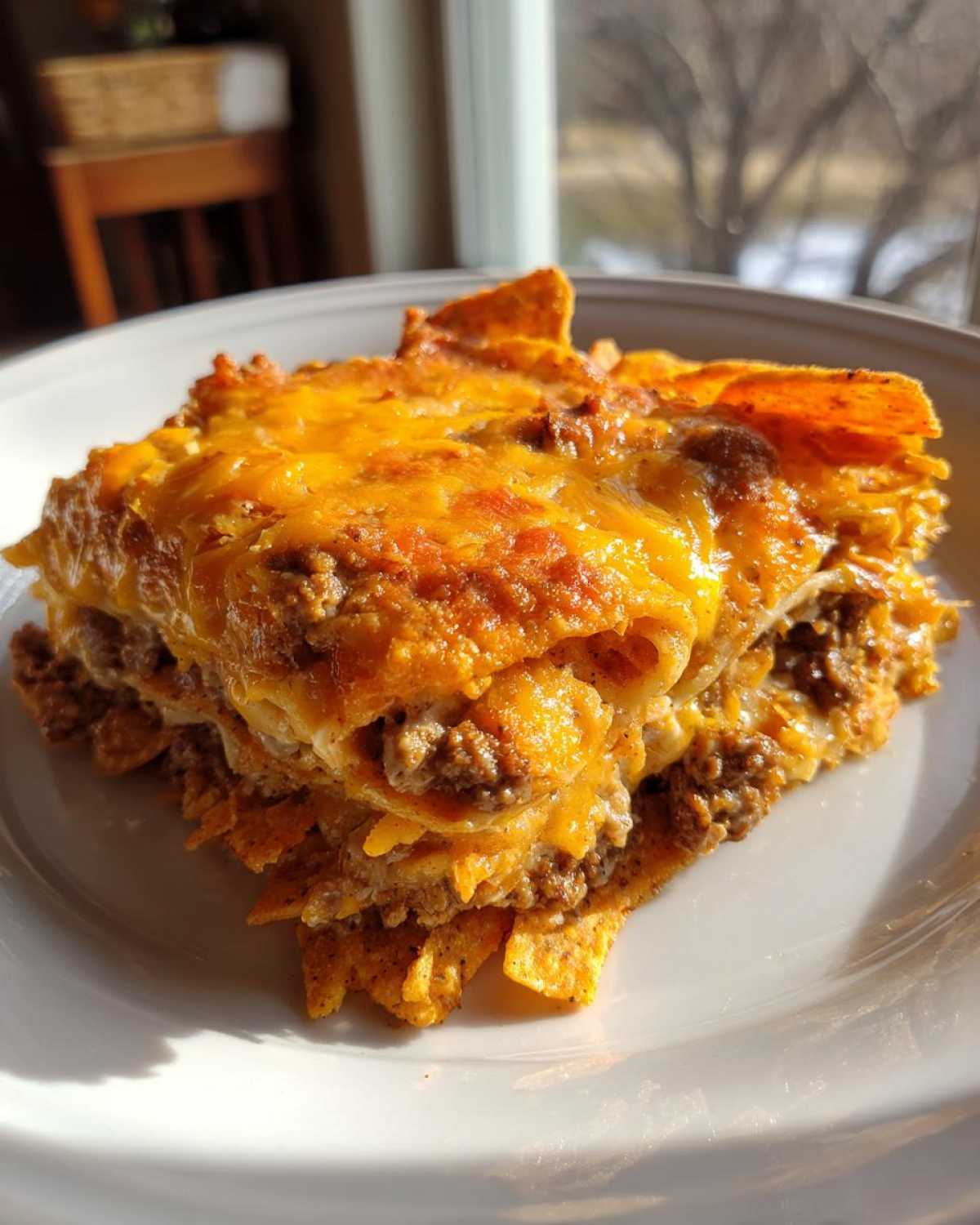 A hearty, layered slice of Dorito Casserole topped with melted orange cheddar cheese, served on a white plate.
