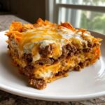Close-up of a hearty slice of Dorito Casserole layered with seasoned ground beef and melted cheddar and Monterey Jack cheese.