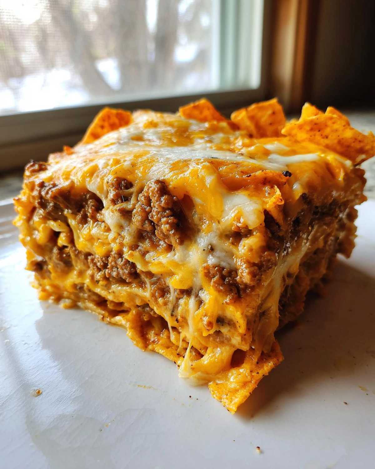 A close-up slice of Dorito Casserole layered with seasoned ground beef and melted cheddar and white cheese.