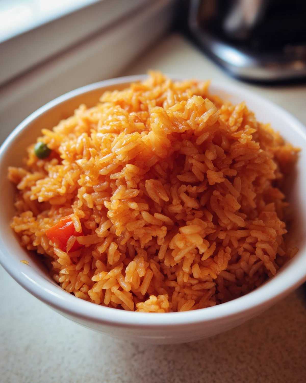 Close-up of fluffy, orange-colored spanish rice served in a white bowl, showing bits of tomato and peas.