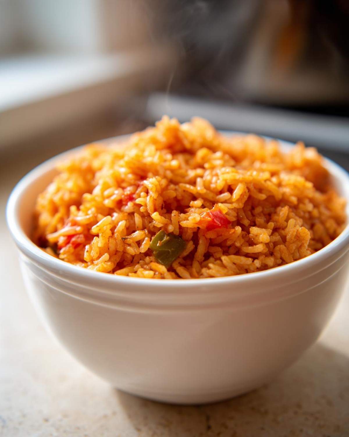 Close-up of a white bowl filled with vibrant, orange-red seasoned Spanish rice.