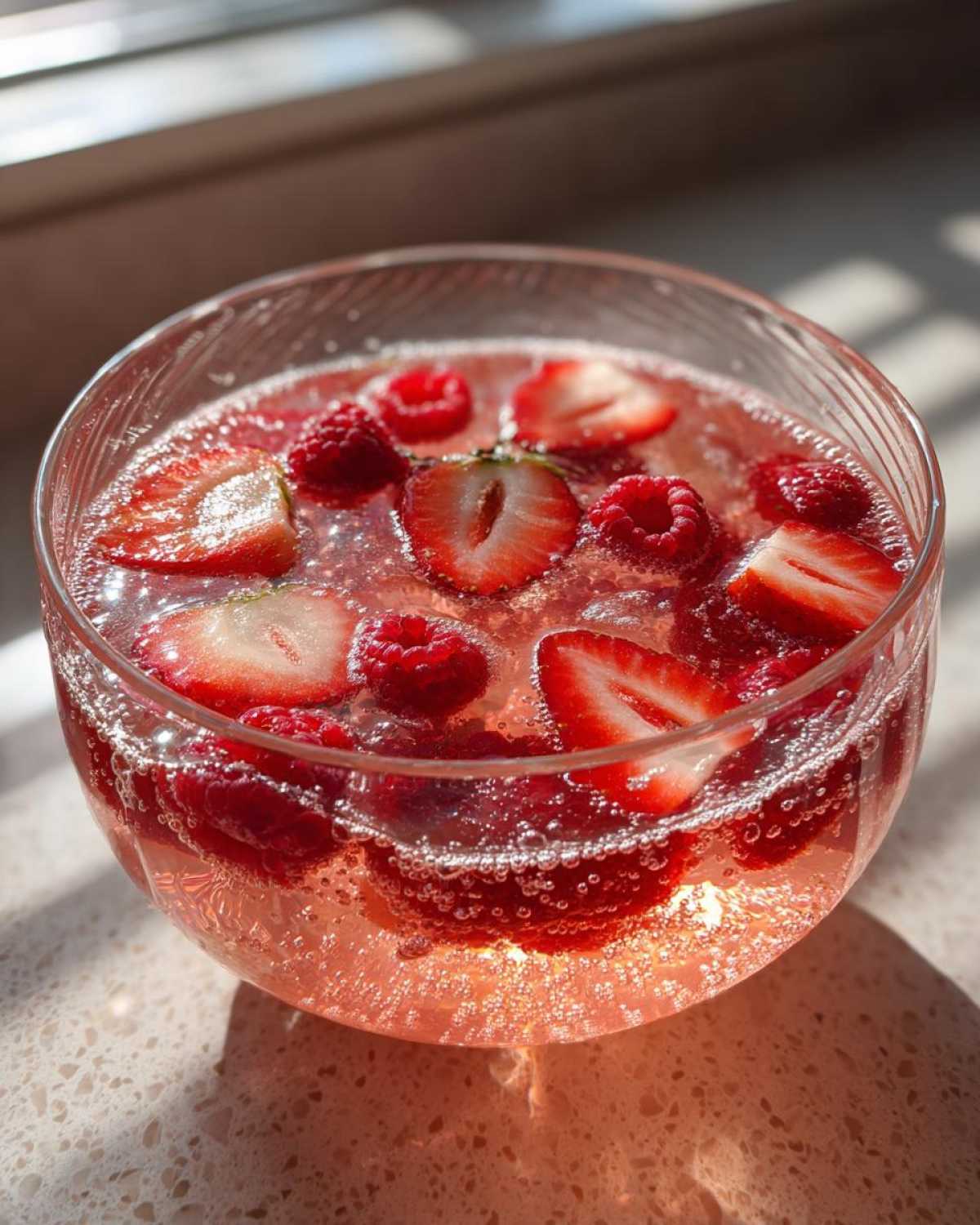 A clear glass bowl filled with bubbly pink champagne punch garnished with fresh sliced strawberries and whole raspberries.