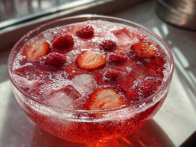 A close-up of a bright red, fizzy champagne punch garnished with fresh raspberries and sliced strawberries over ice.