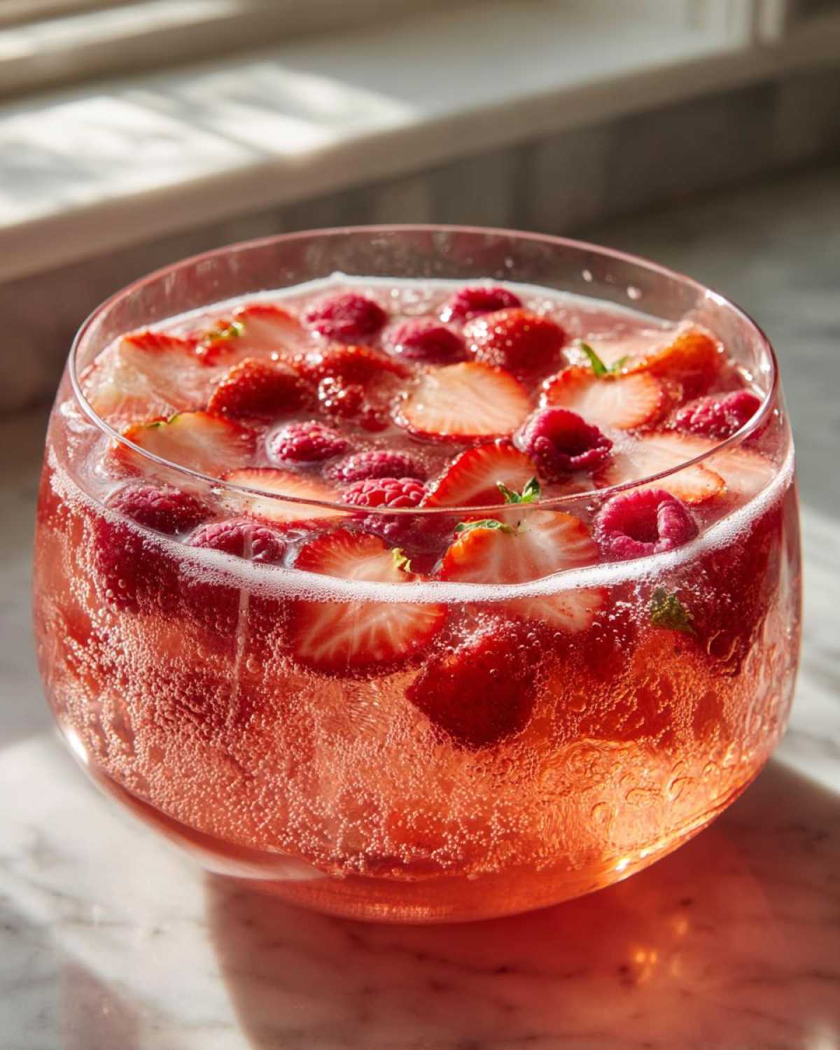 Close-up of a fizzy, pink champagne punch garnished with floating sliced strawberries and whole raspberries.