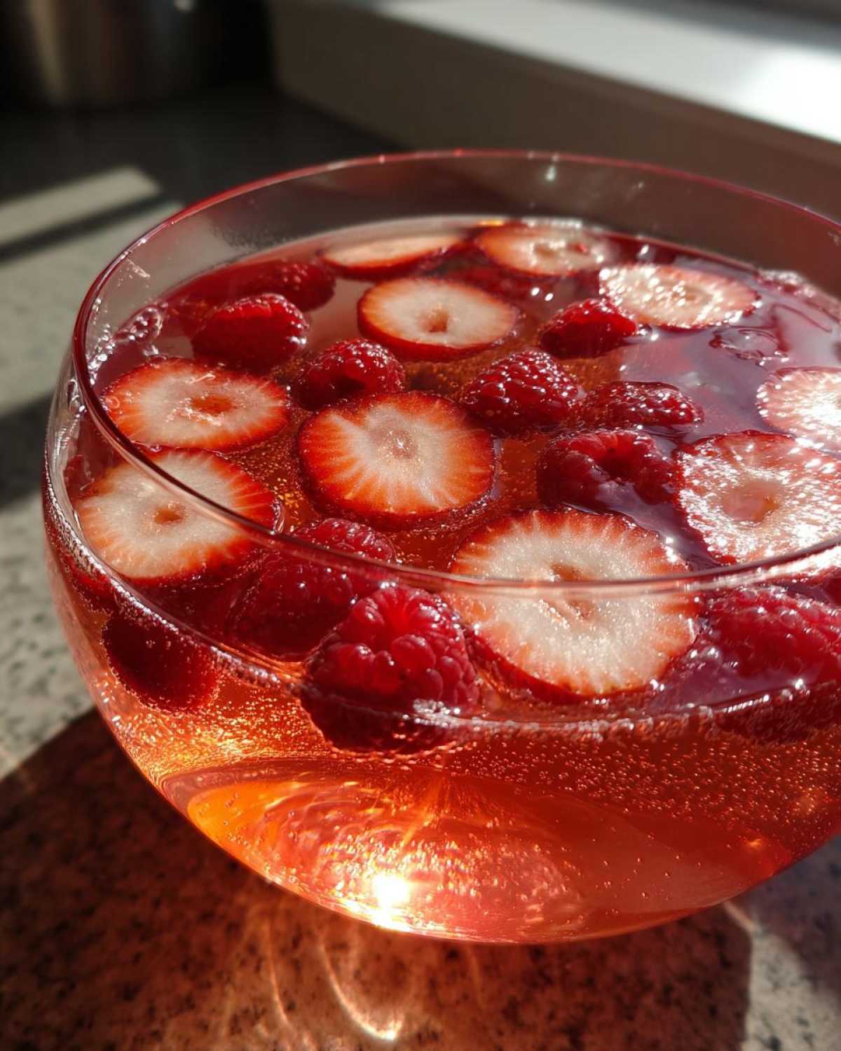 Close-up of sparkling pink champagne punch garnished with fresh sliced strawberries and whole raspberries.