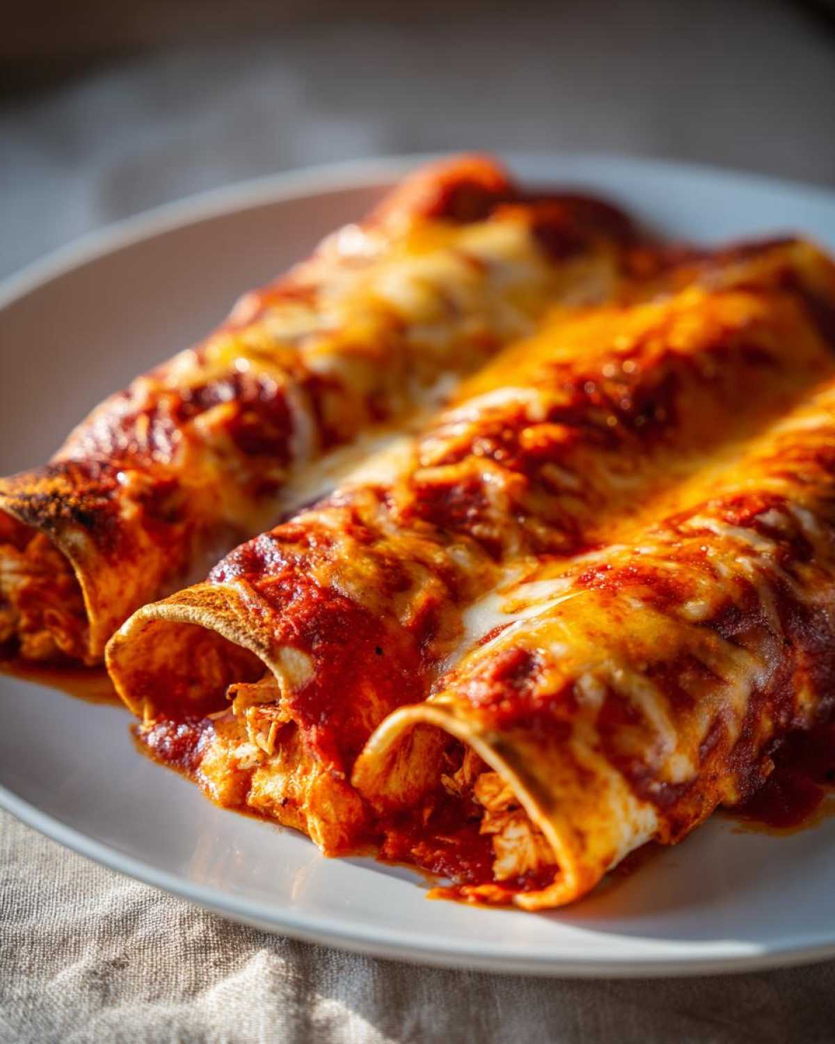Close-up of three baked easy chicken enchiladas covered in red sauce and melted cheese on a white plate.