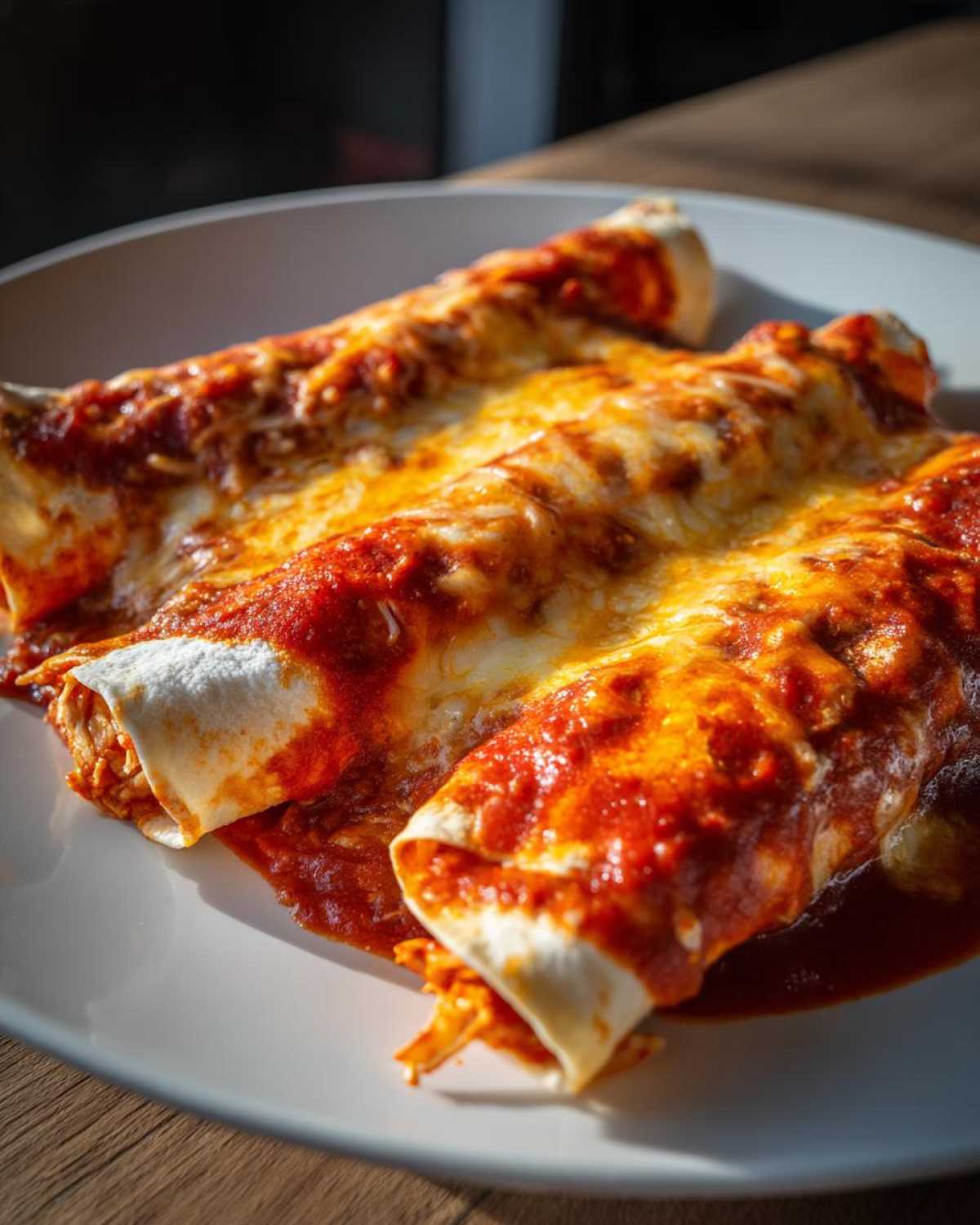 Three delicious easy chicken enchiladas covered in red sauce and melted golden cheese on a white plate.