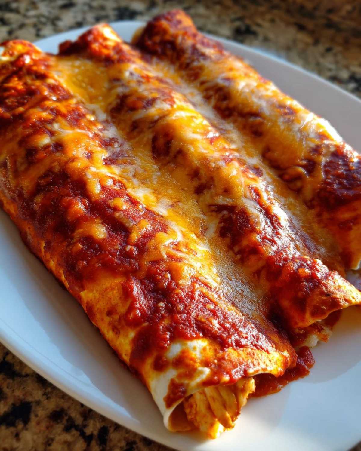 Three rolled easy chicken enchiladas covered in red sauce and melted orange and white cheese.