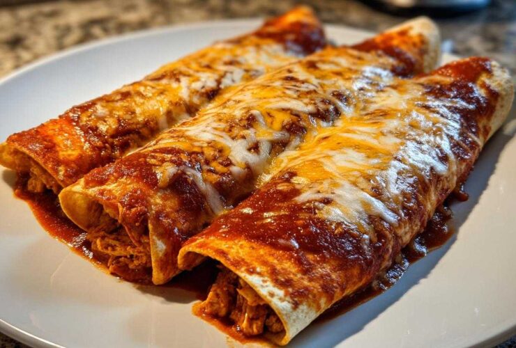 Three rolled easy chicken enchiladas covered in rich red sauce and melted white and orange cheese on a white plate.