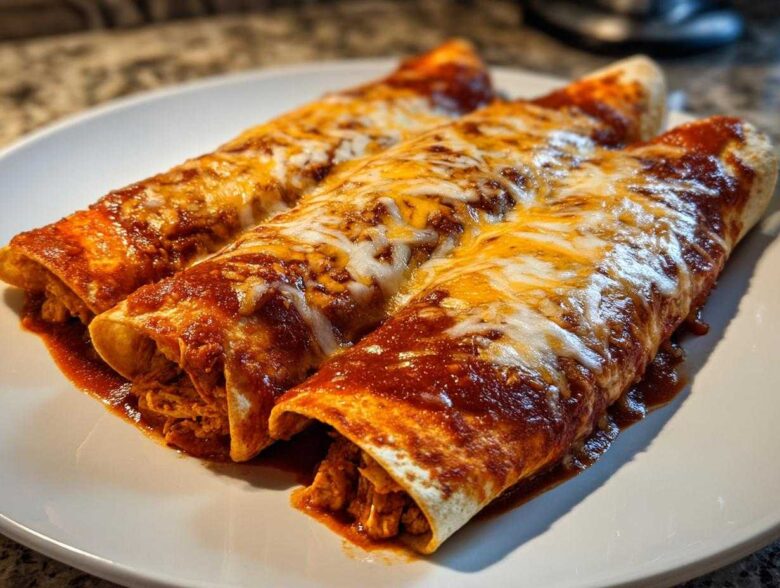 Three rolled easy chicken enchiladas covered in rich red sauce and melted white and orange cheese on a white plate.