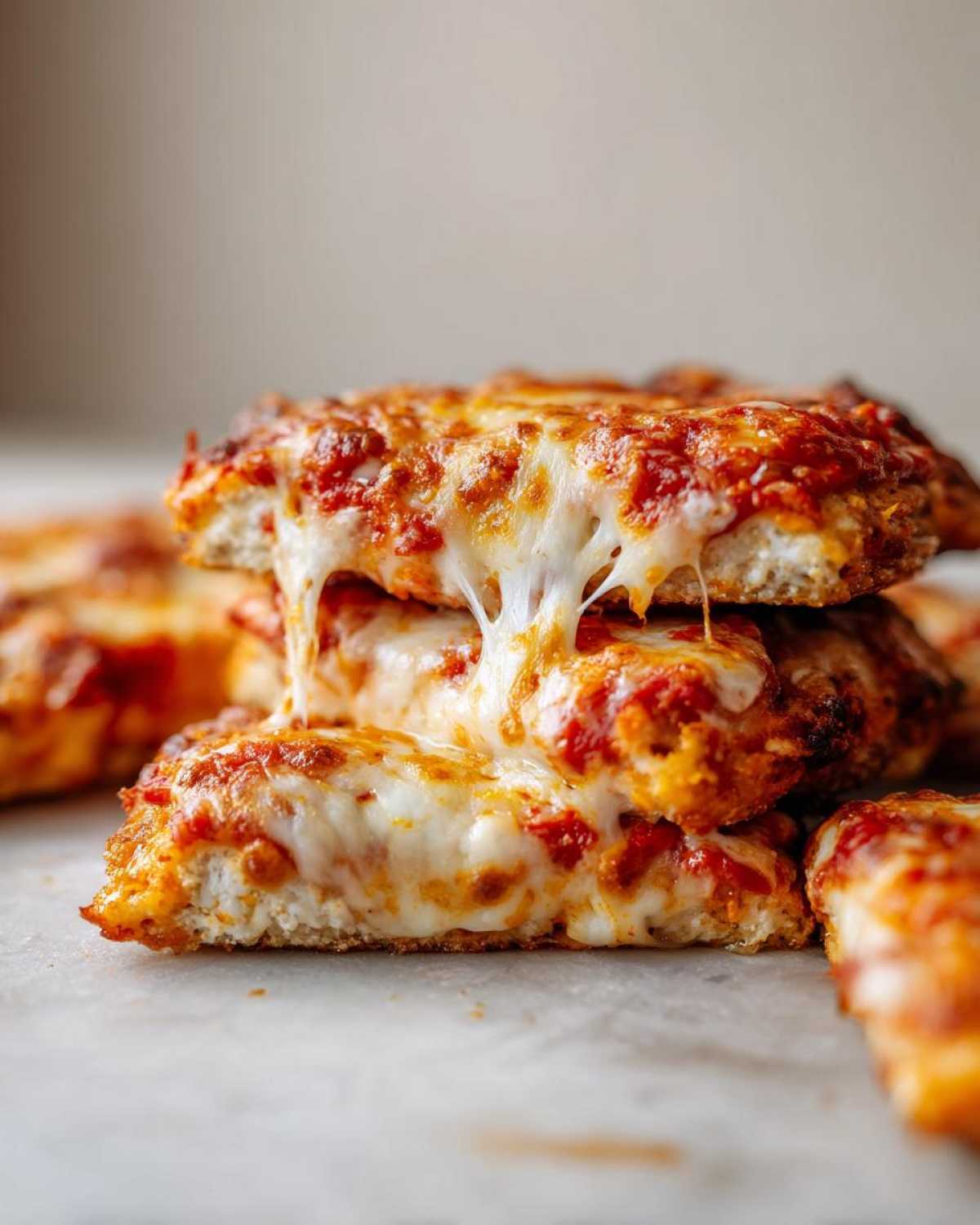 Close-up of stacked slices of Easy Chicken Parmesan showing a dramatic, stringy cheese pull between the pieces.