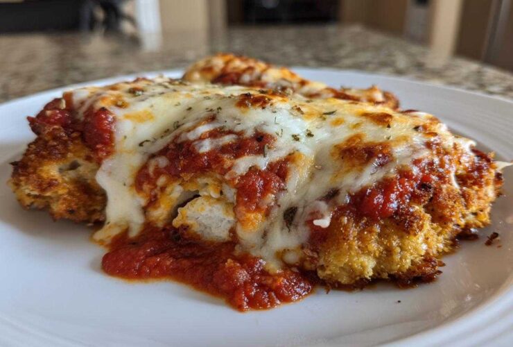 Close-up of a breaded chicken breast topped with marinara sauce and melted mozzarella cheese, representing Easy chicken Parmesan.
