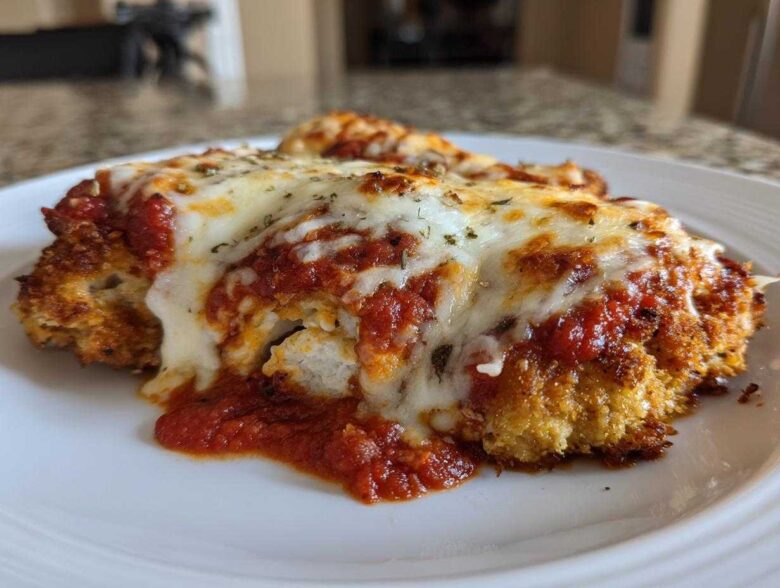 Close-up of a breaded chicken breast topped with marinara sauce and melted mozzarella cheese, representing Easy chicken Parmesan.