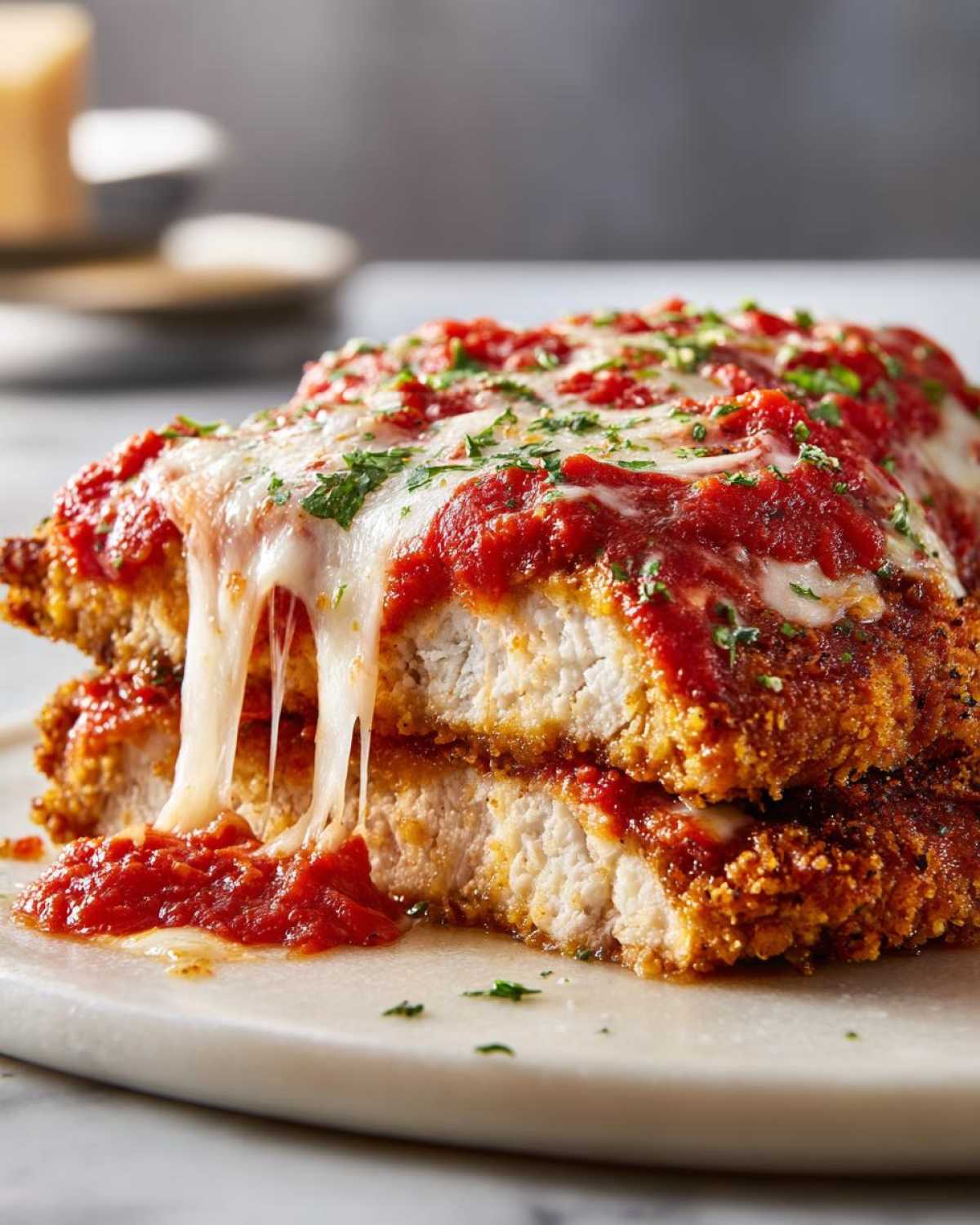 Two stacked, breaded chicken cutlets topped with marinara sauce and melted mozzarella cheese for Easy Chicken Parmesan.